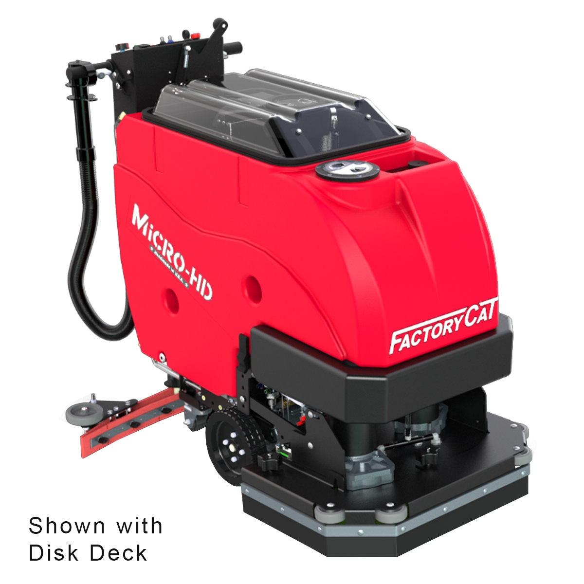 FactoryCat MICRO-HD Floor Scrubber is known for 
its simple design and durable construction, it is sitting 
at an angle showing a 3/4 view of the bright red and black machine.