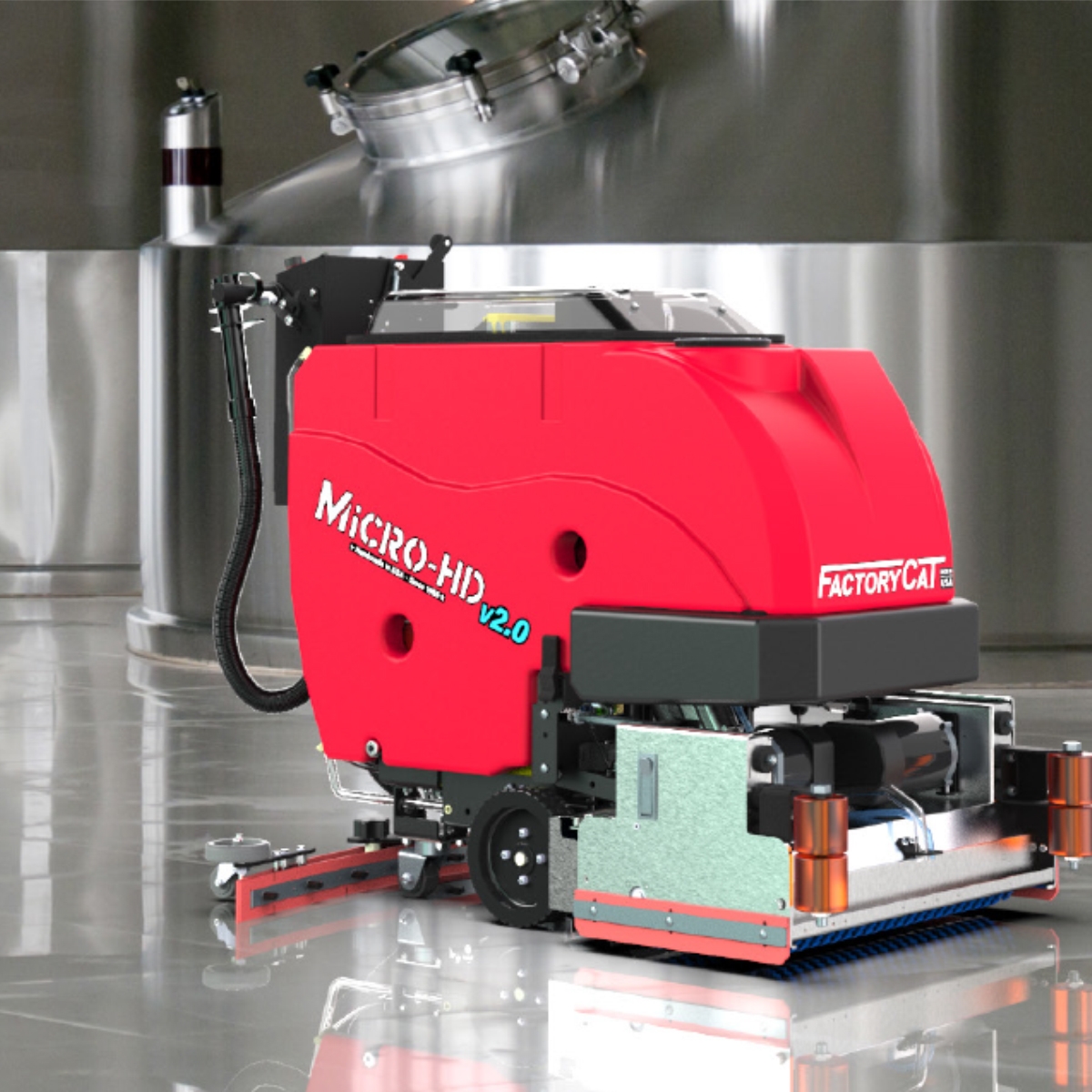 FactoryCat MICRO-HD Floor Scrubber in use in front of large food processing equipment.
