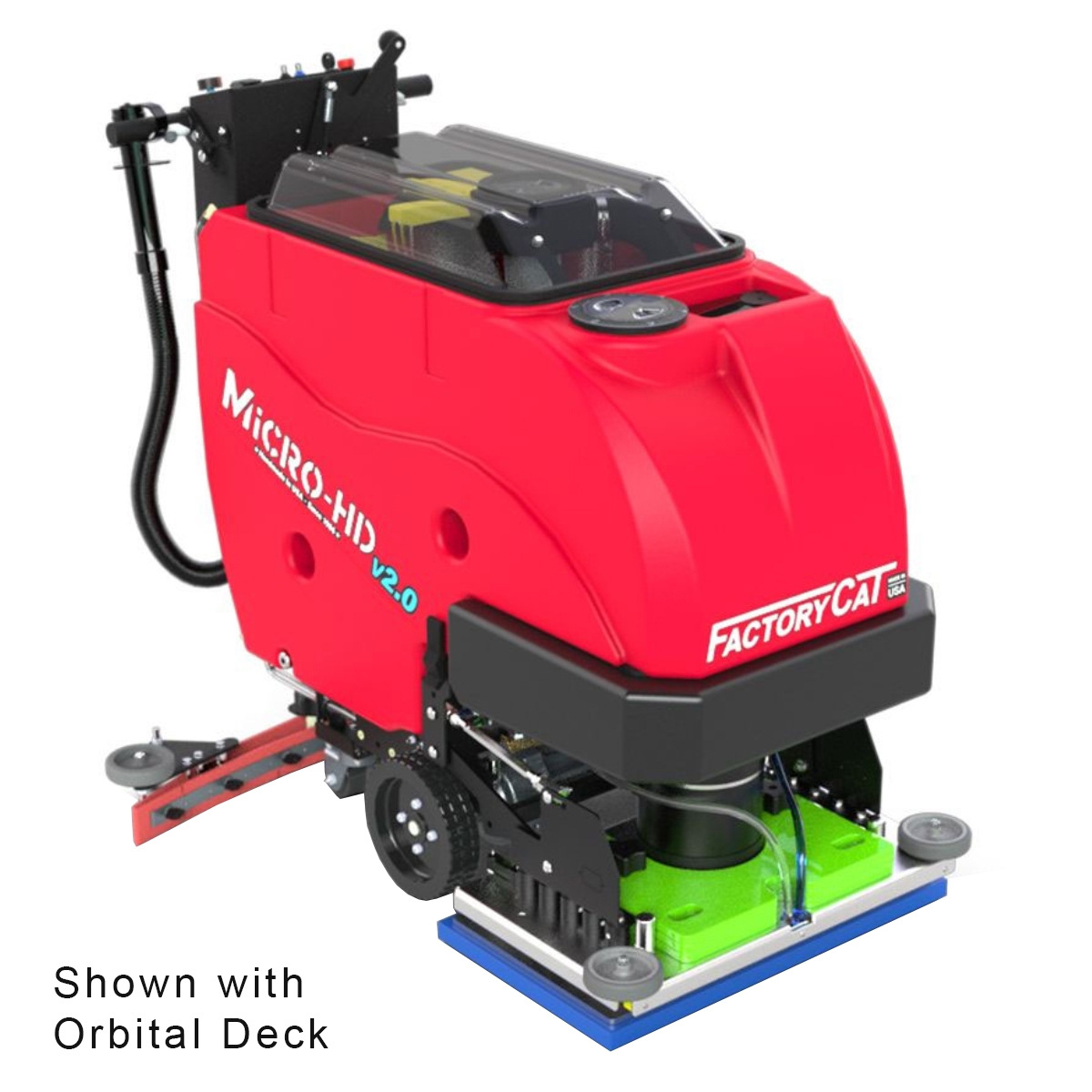 FactoryCat MICRO-HD Floor Scrubber is known for its simple design and durable construction, it is sitting at an angle showing a 3/4 view of the bright red and black machine. It is sporting the Orbital Deck option.