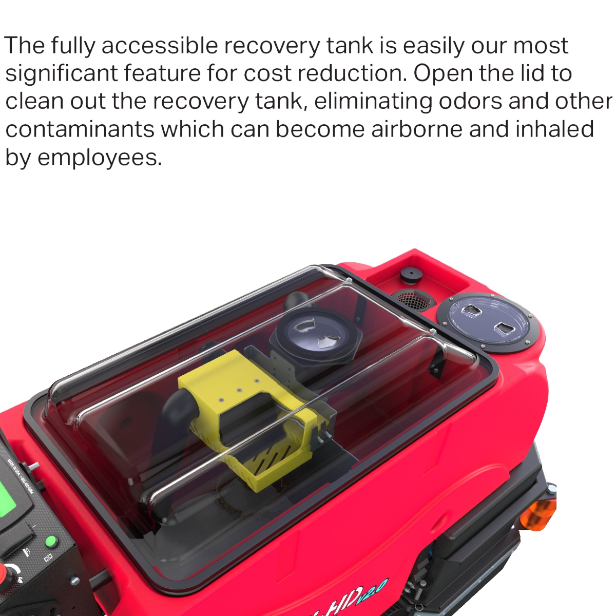 The fully accessible recovery tank is shown on Southern Sweepers Factory Cat Micro-HD