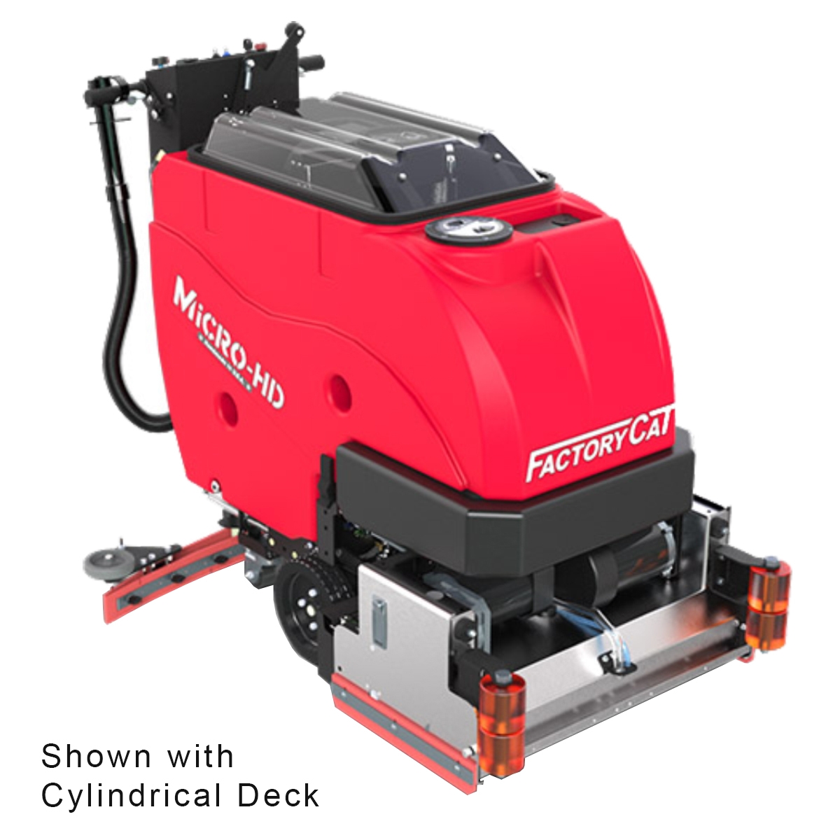 FactoryCat MICRO-HD Floor Scrubber is known for its simple design and durable construction, it is sitting at an angle showing a 3/4 view of the bright red and black machine.